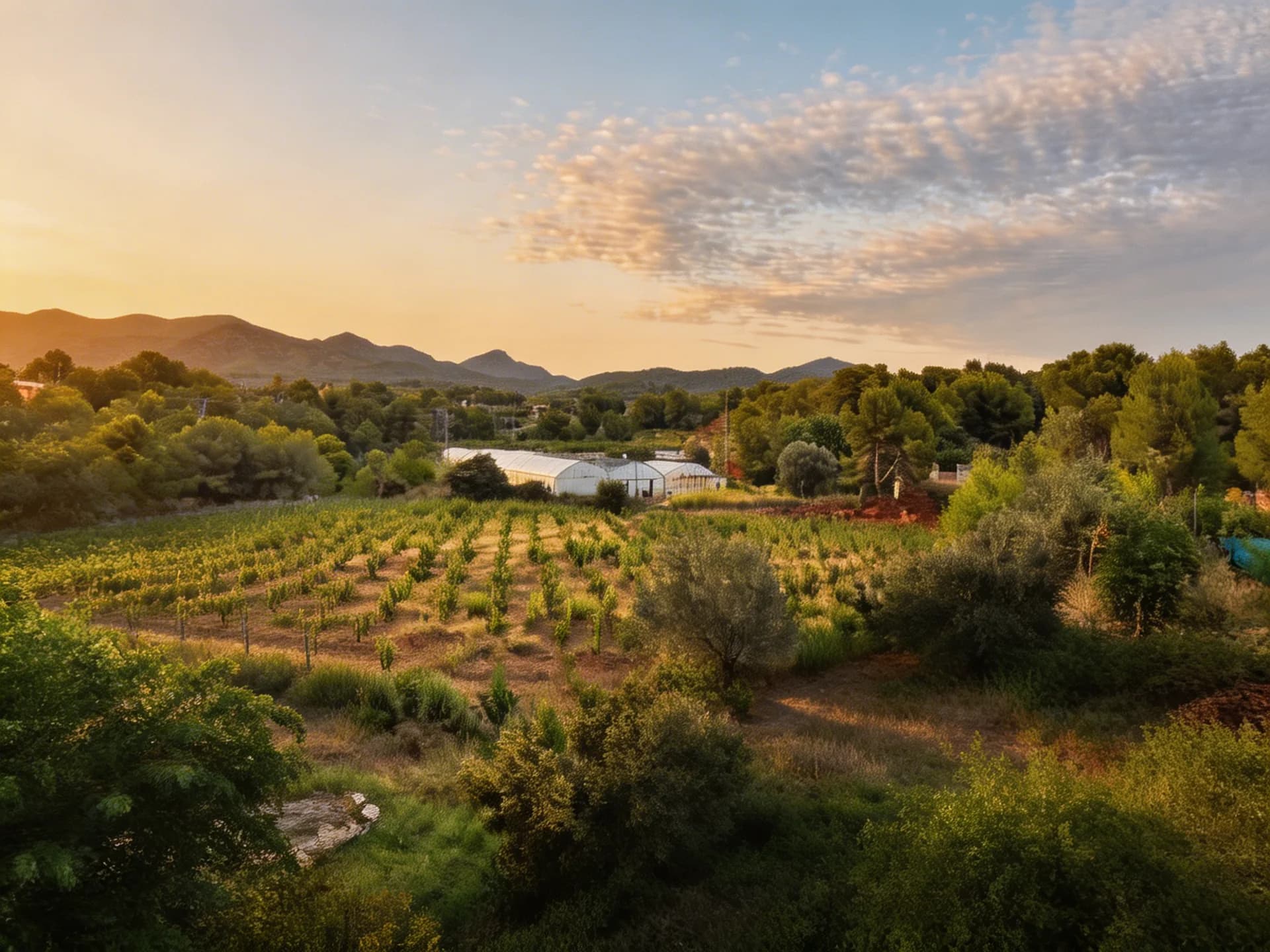 Sunset over the EkkoFarm organic finca in Bétera, Valencia
