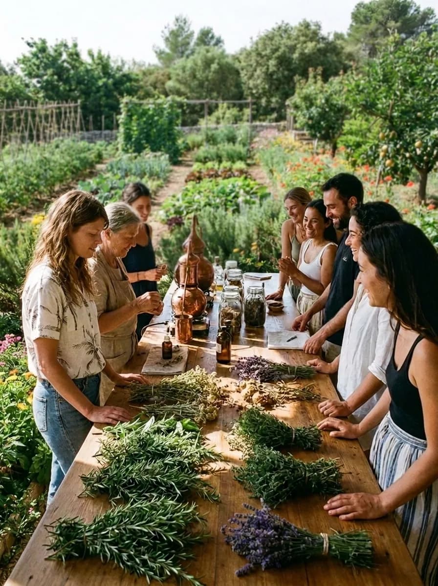 Guests sharing an organic lunch in the EkkoFarm garden