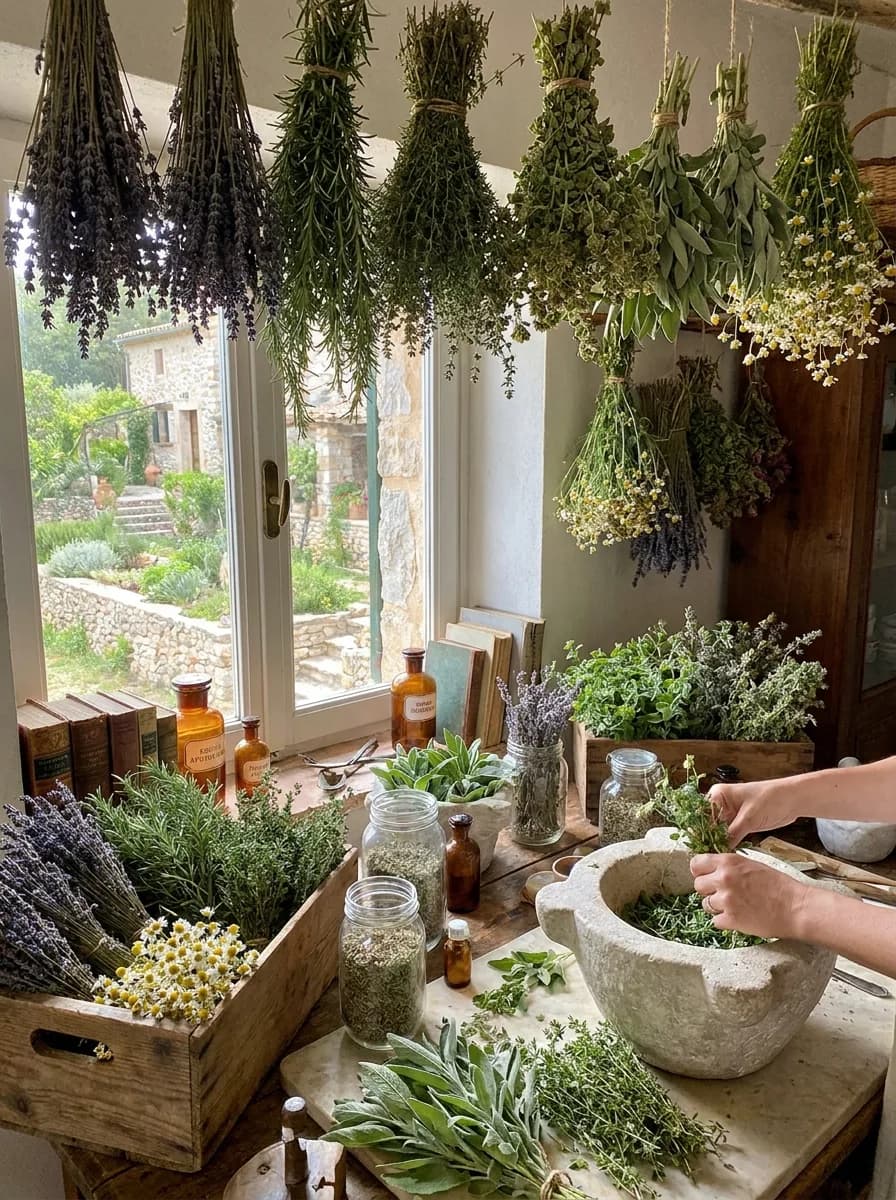 Medicinal herbs drying in the EkkoFarm workshop