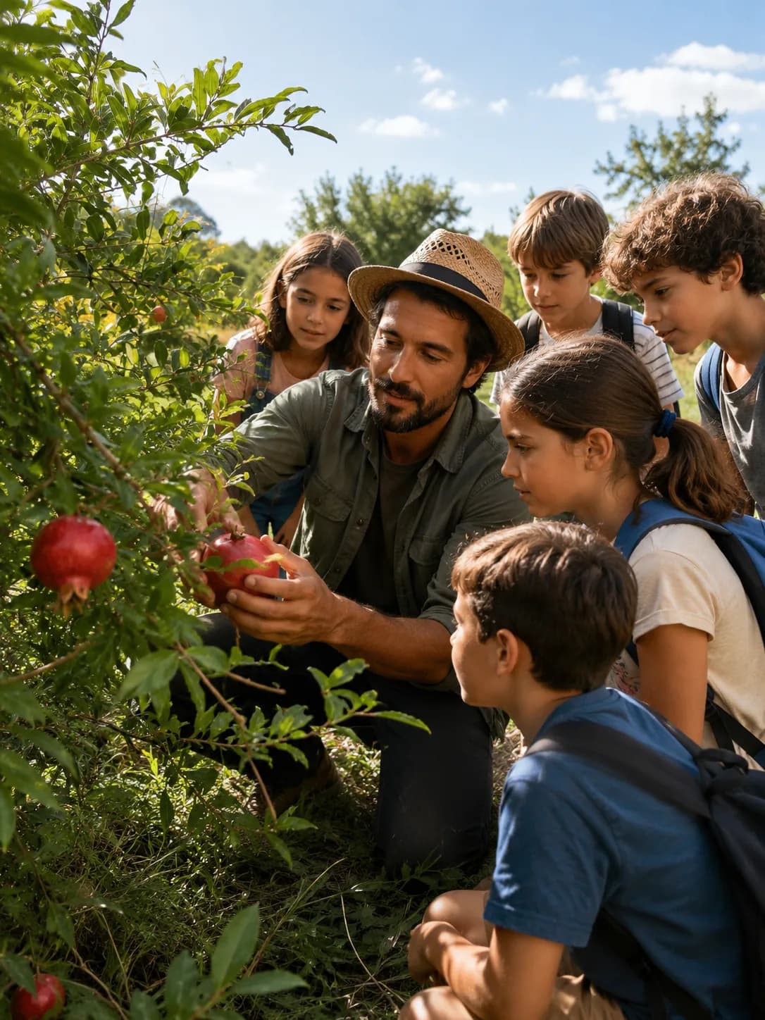 Children learning about organic pomegranates at EkkoFarm