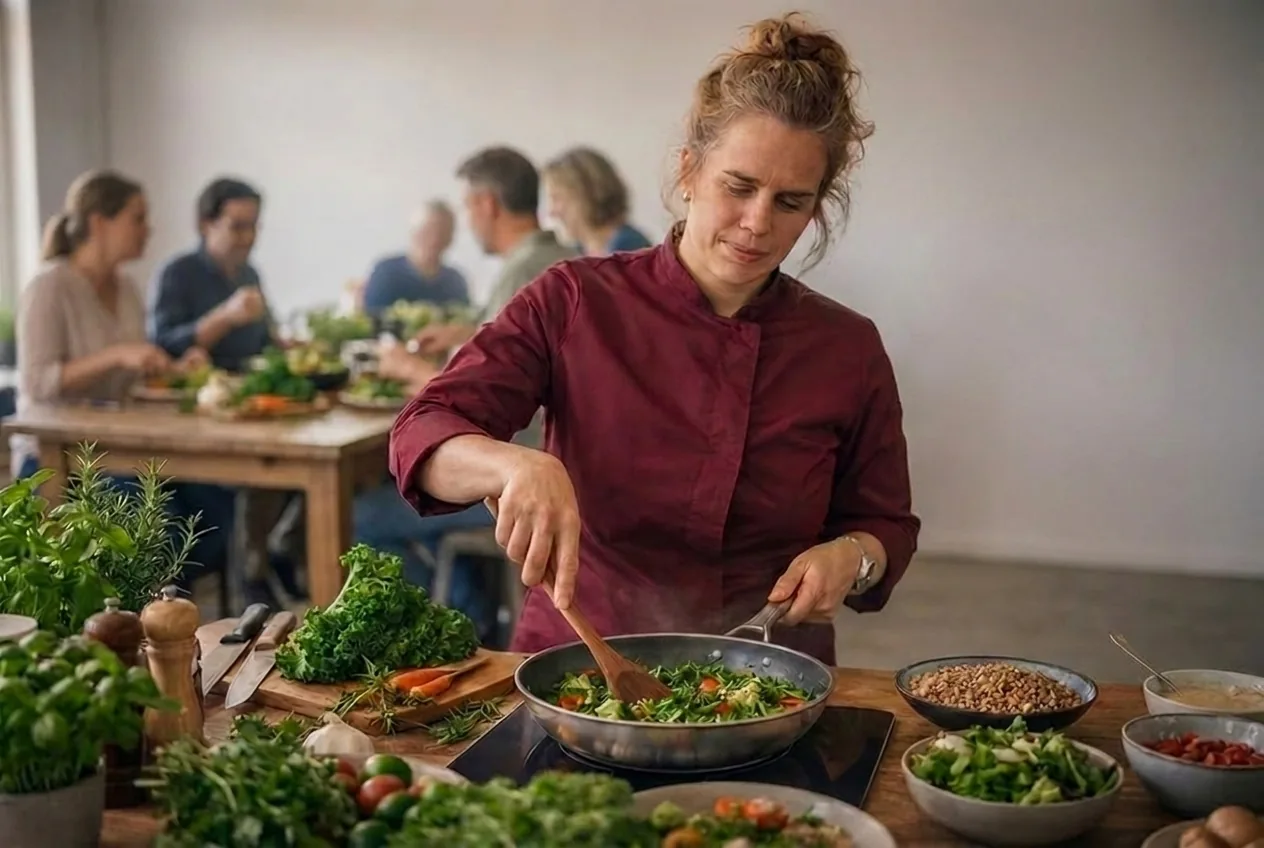 A chef cooking with farm produce at an EkkoFarm show cooking