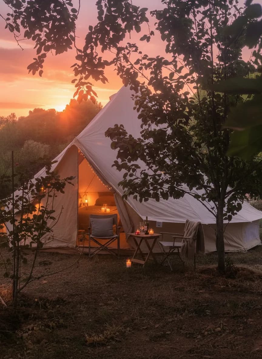 Glamping tent at sunset on the Ekko finca